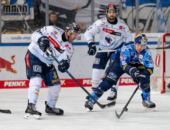 Fight for the puck duel between Daniel Pietta ERC Ingolstadt Panther, 86 and Ben Smith EHC Red Bull Muenchen, 12 EHC Red Bull Muenchen vs ERC Ingolstadt, Ice Hockey, DEL, 48 Matchday, Season 2023 2024, 23 02 2024 EHC Red Bull Muenchen vs ERC Ingolstadt, Ice Hockey, DEL, 48 Matchday, Season 2023 2024, 23 02 2024 Muenchen Copyright: xEibner-Pressefoto HeikexFeinerx EP_HFR
