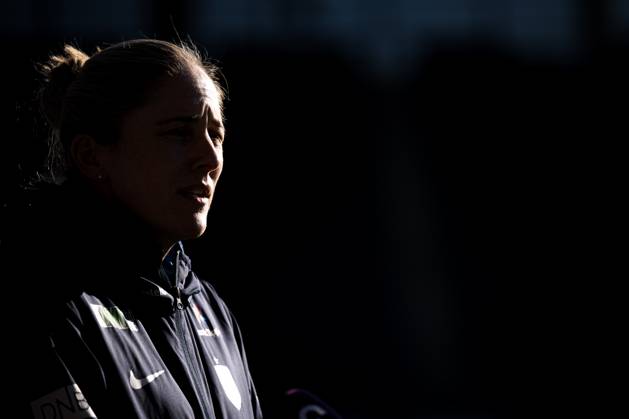 240226 Head coach Gemma Grainger of the Norwegian women s national football team during a press conference on February 26, 2024 in Stavanger Photo Marius Simensen BILDBYRAN COP 238 bbeng dam football fotboll fotboll norge norway press conference press conference soccer uefa women s nations league Copyright: MARIUSxSIMENSEN BB240226BB194