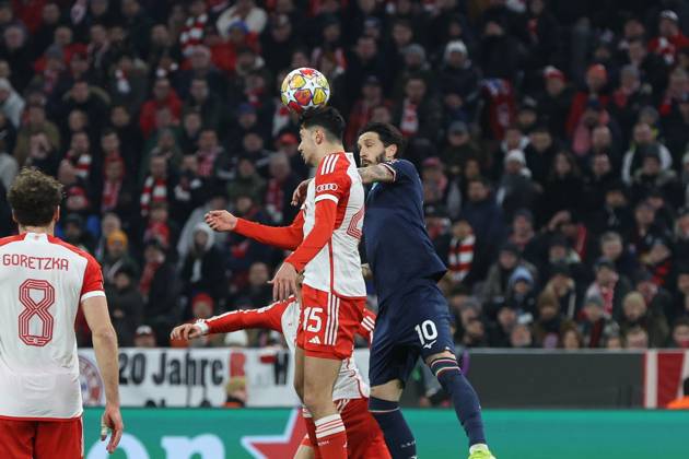 in duel, action, with Alexandar Pavlovic 45 FC Bayern Muenchen , Luis Alberto 10 Lazio Rome , FC Bayern Muenchen vs S S Lazio Rome, Champions League, Football, Round of 16, second leg, 05 03 2024 Muenchen Bayern Germany Copyright: xkolbert-press ChristianxKolbertx