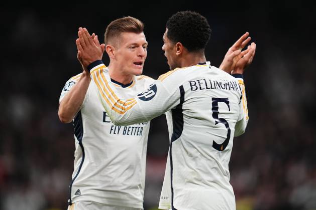 ESP: Real Madrid v RB Leipzig. UEFA Champions League match. Round of 16. Jude Bellingham of Real Madrid celebrates with Toni Kroos the 1-0 scored by his teammate Vinicius Juniorduring the UEFA Champions League match, Round of 16, second leg, between Real Madrid and RB Leipzig played at Santiago Bernabeu Stadium on March 6, 2023 in Madrid Spain. kpng Copyright: xBaguxBlancox xPRESSINPHOTOx PS_240306_388