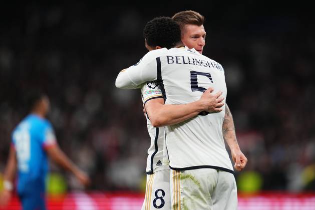 ESP: Real Madrid v RB Leipzig. UEFA Champions League match. Round of 16. Jude Bellingham of Real Madrid celebrates with Toni Kroos the 1-0 scored by his teammate Vinicius Juniorduring the UEFA Champions League match, Round of 16, second leg, between Real Madrid and RB Leipzig played at Santiago Bernabeu Stadium on March 6, 2023 in Madrid Spain. kpng Copyright: xBaguxBlancox xPRESSINPHOTOx PS_240306_390