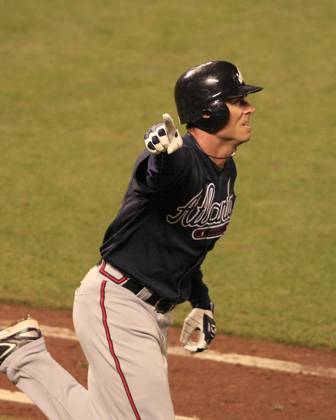 MLB, Baseball Herren, USA National League Division Series Atlanta Braves vs San Francisco Giants OCT 08 October 08, 2010: San Francisco,CA. Braves center Fielder Rick Ankiel 28 points to the Braves dugout after his Game winning home run in the top of the 11th inning, during the National League Division Series game 2, between the Wild Card Atlanta Braves and the National League West San Francisco Giants at AT&T Park in San Francisco,California. The Braves beat the Giants in 11 innings 5-4. Jeff Trouette CSM.(Credit Image: Â Jeff Trouette Cal Media) San Francisco California U.S. EDITORIAL USE ONLY Copyright: xx ZUMA-20101008_zaf_cj3_001.jpg JeffxTrouettex csmphoto371873