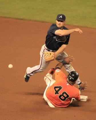 MLB, Baseball Herren, USA National League Division Series Atlanta Braves vs San Francisco Giants OCT 08 October 08, 2010: San Francisco,CA. Giants base runner Pablo Sandoval 48 takes out Braves second baseman Brooks Conrad 26, during the National League Division Series game 2, between the Wild Card Atlanta Braves and the National League West San Francisco Giants at AT&T Park in San Francisco,California. The Braves beat the Giants in 11 innings 5-4. Jeff Trouette CSM.(Credit Image: Â Jeff Trouette Cal Media) San Francisco California U.S. EDITORIAL USE ONLY Copyright: xx ZUMA-20101008_zaf_cj3_006.jpg JeffxTrouettex csmphoto371874