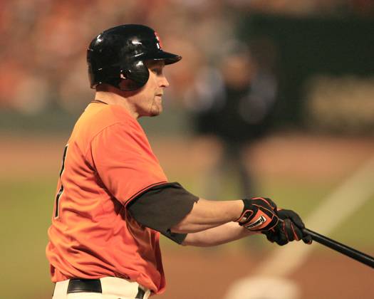 MLB, Baseball Herren, USA National League Division Series Atlanta Braves vs San Francisco Giants OCT 08 October 07, 2010: San Francisco,CA. Giants first baseman Aubry Huff 17 in action, during the National League Division Series game 1 between the Wild Card Atlanta Braves and the National League West San Francisco Giants at AT&T Park in San Francisco,California. The Giants beat the Braves 1-0. Jeff Trouette CSM.(Credit Image: Â Jeff Trouette Cal Media) San Francisco California U.S. EDITORIAL USE ONLY Copyright: xx ZUMA-20101008_zaf_cj3_021.jpg JeffxTrouettex csmphoto371921
