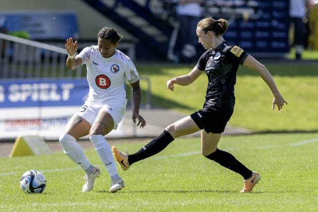 Soccer 2 Womens Bundesliga, Season 2023 2024, Matchday 24, SG 99 Andernach 1 FFC Turbine Potsdam on 12 05 2024 at the Andernach Stadium in Andernach duel between Adrienne Jordan 1 FFC Turbine Potsdam, 15 and Vanessa Zilligen SG 99 Andernach, 15 Important note According to the regulations of the DFL German Football League and the DFB German Football Association, it is prohibited to use or have used photographs taken in the stadium and or of the game in the form of sequential images and or video-like photo series Foto Kirchner Media TH Copyright: xKirchner-Media THx