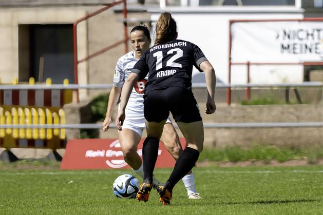 Soccer 2 Womens Bundesliga, Season 2023 2024, Matchday 24, SG 99 Andernach 1 FFC Turbine Potsdam on 12 05 2024 at the Andernach Stadium in Andernach duel between Noa Selimhodzic 1 FFC Turbine Potsdam, 21 and Leonie Krump SG 99 Andernach, 12 Important note According to the regulations of the DFL German Football League and the DFB German Football Association, it is prohibited to use or have used photographs taken in the stadium and or of the game in the form of sequential images and or video-like photo series Foto Kirchner Media TH Copyright: xKirchner-Media THx