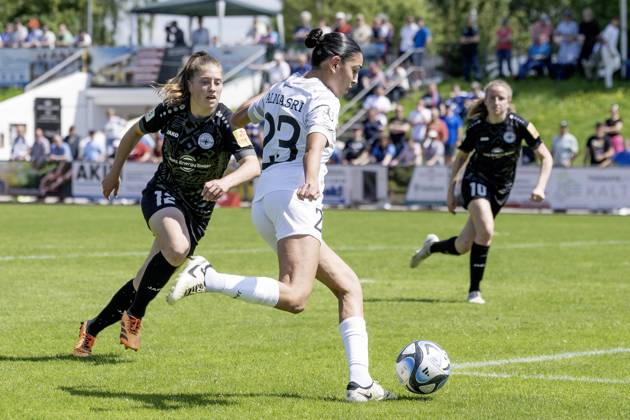 Soccer 2 Womens Bundesliga, Season 2023 2024, Matchday 24, SG 99 Andernach 1 FFC Turbine Potsdam on 12 05 2024 at Andernach Stadium in Andernach Maria Almasri 1 FFC Turbine Potsdam, 23 has won against Leonie Krump SG 99 Andernach, 12 and takes the shot Important note According to the regulations of the DFL German Football League and the DFB German Football Association, it is prohibited to use or have used photographs taken in the stadium and or of the game in the form of sequential images and or video-like photo series Foto Kirchner Media TH Copyright: xKirchner-Media THx