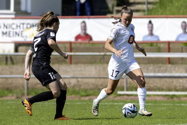 Soccer 2 Womens Bundesliga, Season 2023 2024, Matchday 24, SG 99 Andernach 1 FFC Turbine Potsdam on 12 05 2024 at the Andernach Stadium in Andernach duel between Leonie Krump SG 99 Andernach, 12 and Viktoria Schwalm 1 FFC Turbine Potsdam, 17 Important note In accordance with the regulations of the DFL German Football League and the DFB German Football Association, it is prohibited to utilize or have utilized photographs taken in the stadium and or of the game in the form of sequential images and or video-like photo series Foto Kirchner Media TH Copyright: xKirchner-Media THx