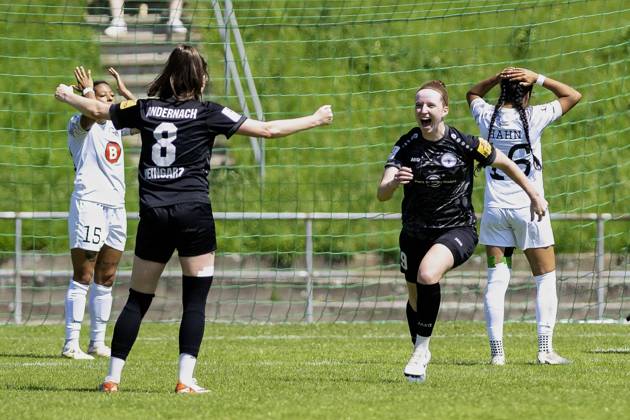 Soccer 2 Womens Bundesliga, Season 2023 2024, Matchday 24, SG 99 Andernach 1 FFC Turbine Potsdam on 12 05 2024 at Andernach Stadium in Andernach While Leonie Stoehr SG 99 Andernach, 09 jubilantly runs towards Maren Weingarz SG 99 Andernach, 08, Adrienne Jordan 1 FFC Turbine Potsdam, 15 and Maya Hahn 1 FFC Turbine Potsdam, 16 cant believe it Important note According to the regulations of the DFL German Football League and the DFB German Football Association, it is prohibited to use or have used photographs taken in the stadium or of the match in the form of sequential images or video-like photo series Foto Kirchner Media TH Copyright: xKirchner-Media THx
