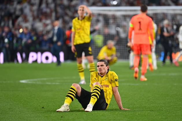Marcel SABITZER Borussia Dortmund after the end of the match,sitting on the grass,disappointment,frustration,disappointed,frustrated,dejected,action,single action,single image,cropped image,full body shot,whole figure Football UEFA Champions League Final Borussia Dortmund Real Madrid 0 2 on 01 06 2024, Wembley Stadium London
