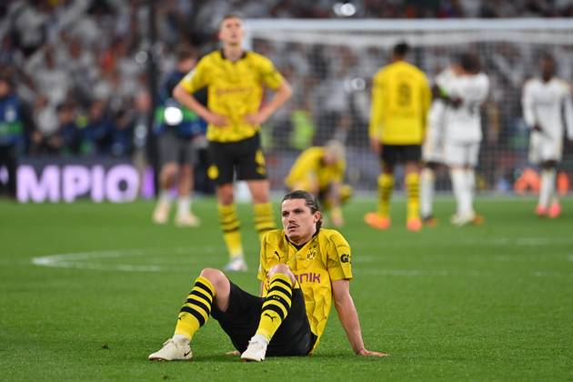 Marcel SABITZER Borussia Dortmund after the end of the match,sitting on the grass,disappointment,frustration,disappointed,frustrated,dejected,action,single action,single image,cropped image,full body shot,whole figure Football UEFA Champions League Final Borussia Dortmund Real Madrid 0 2 on 01 06 2024, Wembley Stadium London