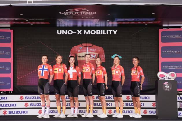Uno-X-Mobility team during the team presentation ahead of the Giro d™Italia Women cycling race in Brescia. The race starts on Sunday, July 7, with the first stage Tudor ITT over 15,7km, from Brescia to Brescia , North west Italy - Saturday, July 6, 2024. - cycling .  Copyright: xMassimoxPaolone Lapressex