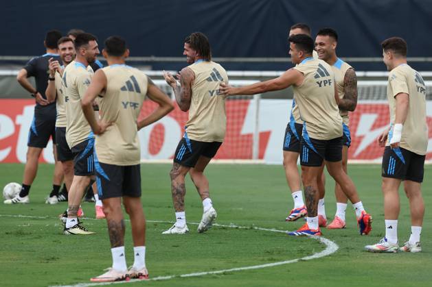 Argentina™s forward Lionel Messi L and teammates take part in a training session ahead the match against Colombia for the Copa America USA 2024 final match, at Florida International University FIU , Miami, on July 11 2024 MIAMI UNITED STATES Copyright: xALEJANDROxPAGNIx