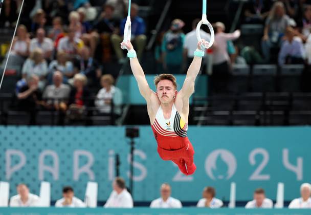 Belgian gymnast Glen Cuyle pictured during a warming up ahead of the men s rings final of the gymnastics competition at the Paris 2024 Olympic Games, Olympische Spiele, Olympia, OS on Sunday 04 August 2024 in Paris, France. The Games of the XXXIII Olympiad are taking place in Paris from 26 July to 11 August. The Belgian delegation counts 165 athletes competing in 21 sports. BENOITxDOPPAGNE x97774948x