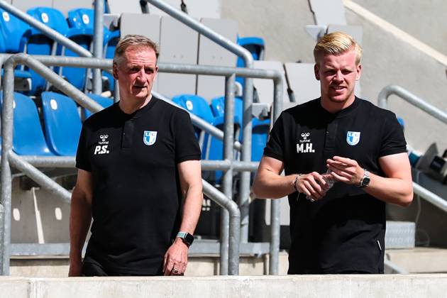 Coach Petrik Sander 1 FC Magdeburg and goalkeeper coordinator Maximilian Heidel 1 FC Magdeburg Football NOFV Oberliga Süd portrait appointment 2023 2024 official photo session 1 FC Magdeburg U23 at the MDCC Arena in Magdeburg Germany, Football, Men, GER, 26 07 2023 Christian Schroedter