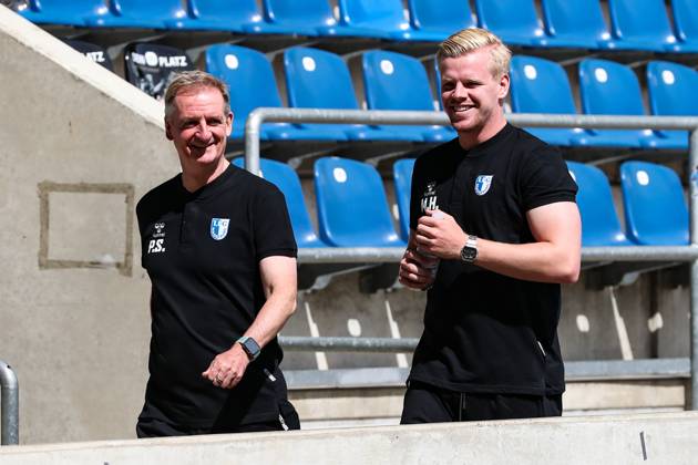 Coach Petrik Sander 1 FC Magdeburg and goalkeeper coordinator Maximilian Heidel 1 FC Magdeburg Football NOFV Oberliga Süd portrait appointment 2023 2024 official photo session 1 FC Magdeburg U23 at the MDCC Arena in Magdeburg Germany, Football, Men, GER, 26 07 2023 Christian Schroedter