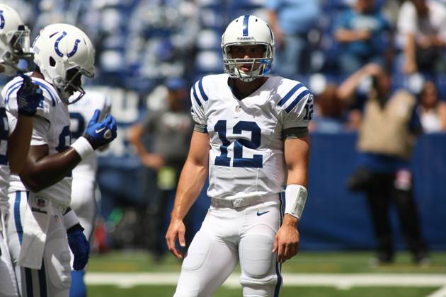 NFL, American Football Herren, USA 2012: Rams vs Colts AUG 12 August 12, 2012: Indianapolis Colts quarterback Andrew Luck (12) warms up before an NFL game between the St. Louis Rams and the Indianapolis Colts at Lucas Oil Stadium in Indianapolis, IN.(Credit Image: Pat Lovell Cal Media) Indianapolis Indiana United States EDITORIAL USE ONLY Copyright: xx ZUMA-20120812_zaf_c04_024.jpg PatxLovellx csmphoto628205