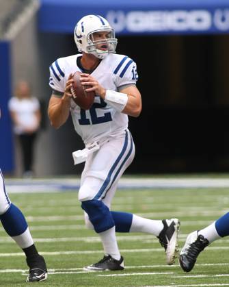 NFL, American Football Herren, USA 2012: Rams vs Colts AUG 12 August 12, 2012: Indianapolis Colts quarterback Andrew Luck (12) drops back to pass during an NFL game between the St. Louis Rams and the Indianapolis Colts at Lucas Oil Stadium in Indianapolis, IN.(Credit Image: Pat Lovell Cal Media) Indianapolis Indiana United States EDITORIAL USE ONLY Copyright: xx ZUMA-20120812_zaf_c04_082.jpg PatxLovellx csmphoto628258