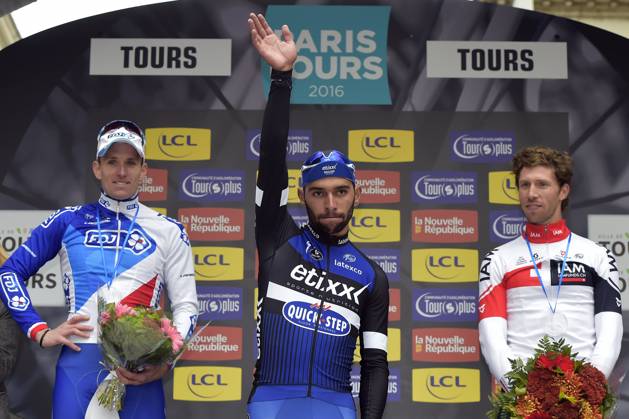 Paris-Tours 2016 cycling race TOURS, FRANCE - OCTOBER 9 : winner GAVIRIA RENDON Fernando (COL) Rider of ETIXX - QUICK STEP, second DEMARE Arnaud (FRA) Rider of FDJ and third VANGENECHTEN Jonas (BEL) Rider of IAM CYCLING pictured during the podium ceremony of the 110th edition of the Paris-Tours cycling race with start in Dreux and finish in Tours on October 09, 2016 in Tours, France, 9 10 2016 TOURS FRANCE Copyright: xPeterxDexVoechtx 10607844-018