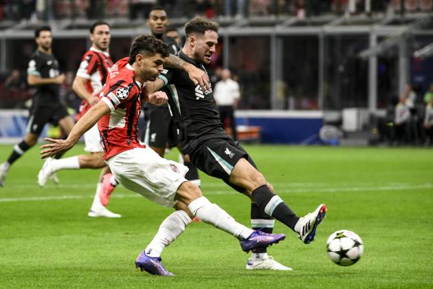 Christian Pulisic of AC Milan scores the goal of 1-0 during the UEFA Champions League 2024 205 football match between AC Milan and Liverpool FC at San Siro stadium in Milano (Italy), September 17, 2024. AndreaxStaccioli