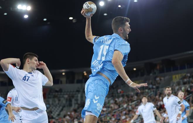 HC Zagreb v Aalborg Handbold - EHF Champions League ZAGREB, CROATIA - SEPTEMBER 18: Jack Thurin of Aalborg Handbold shots during EHF Champions League Group Phase match between HC Zagreb and Aalborg Handbold at Arena Zagreb on September 18, 2024 in Zagreb, Croatia.  SanjinxStrukic PIXSELL
