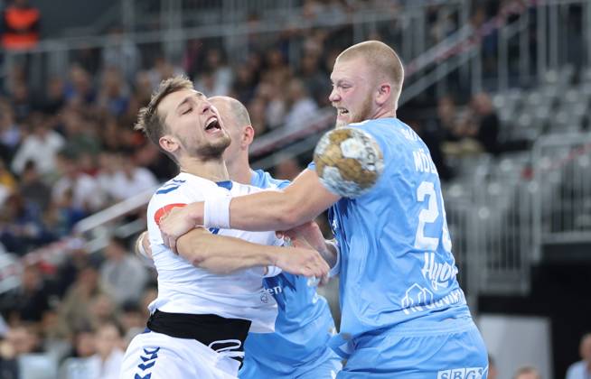 HC Zagreb v Aalborg Handbold - EHF Champions League ZAGREB, CROATIA - SEPTEMBER 18: Ihar Bialiauski of HC Zagreb in action against Felix Moller of Aalborg Handbold during EHF Champions League Group Phase match between HC Zagreb and Aalborg Handbold at Arena Zagreb on September 18, 2024 in Zagreb, Croatia.  SanjinxStrukic PIXSELL