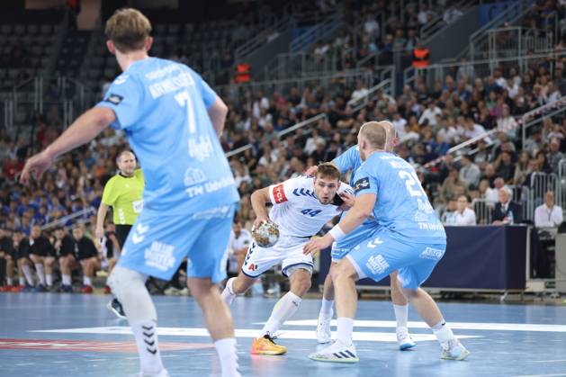HC Zagreb v Aalborg Handbold - EHF Champions League ZAGREB, CROATIA - SEPTEMBER 18: Ihar Bialiauski of HC Zagreb in action against Felix Moller of Aalborg Handbold during EHF Champions League Group Phase match between HC Zagreb and Aalborg Handbold at Arena Zagreb on September 18, 2024 in Zagreb, Croatia.  SanjinxStrukic PIXSELL