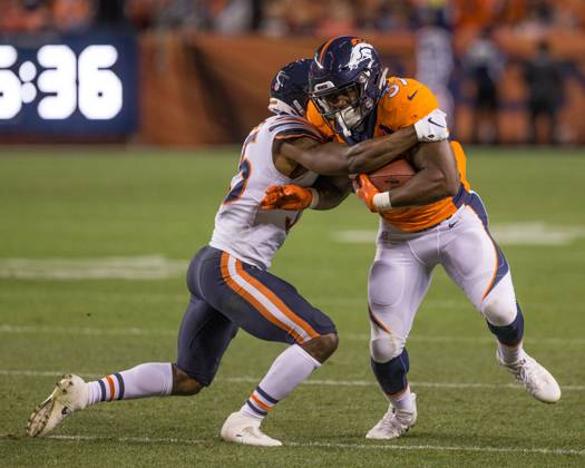 NFL, American Football Herren, USA 2018: Bears vs Broncos Aug 18 August 18, 2018: Denver Broncos running back Royce Freeman (37) during the second quarter of an NFL preseason matchup between the Chicago Bears and the Denver Broncos at Broncos Stadium at Mile High Denver CO, Scott D Stivason Cal Media Denver Colorado United States of America EDITORIAL USE ONLY Copyright: xx ZUMA-20180818_zaf_c04_753.jpg ScottxDxStivasonx csmphototwo419399