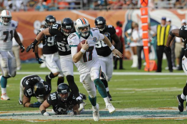 NFL, American Football Herren, USA Jaguars vs Dolphins DEC 16 December 16, 2012: Ryan Tannehill 17 of the Miami Dolphins scrambles away from the attempted tackle by Russell Allen 50 of the Jacksonville Jaguars during the NFL football game between the Miami Dolphins and Jacksonville Jaguars at Sun Life Stadium in Miami Gardens FL. The Dolphins defeated the Jaguars 24-3. Miami Gardens FL U.S. EDITORIAL USE ONLY Copyright: xx ZUMA-20121216_zaf_cd5_109.jpg JCxRidleyx csmphoto689218