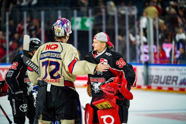 Ice Hockey Penny DEL 3 Matchday Cologne Sharks Nuremberg Ice Tigers on 27 09 2024 at the Lanxess Arena in Cologne Leon Hungerecker Nuremberg , left and Mirko Pantkowski Cologne , right high-five each other after the game According to the regulations of the DEL German Ice Hockey League, the publication and further use of the recordings in electronic media and end devices of all kinds during the ongoing game is not permitted xDMx