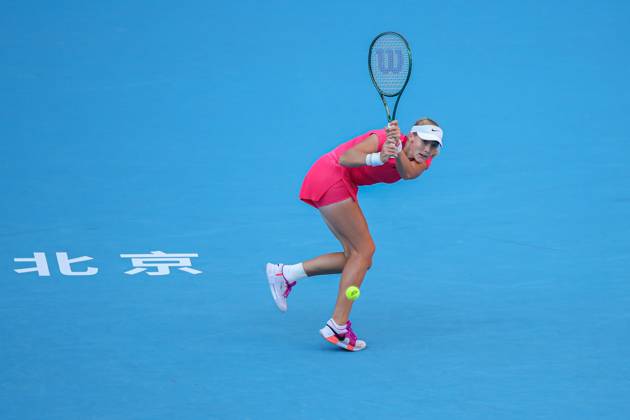 (241002) -- BEIJING, Oct. 2, 2024 -- Mirra Andreeva hits a return during the women s singles round of 16 match between Magda Linette of Poland and Mirra Andreeva of Russia at 2024 China Open tennis tournament in Beijing, capital of China, Oct. 2, 2024. (Photo by Xinhua) (SP)CHINA-BEJING-TENNIS-CHINA OPEN-WOMEN S SINGLES (CN) ChangxNengjia
