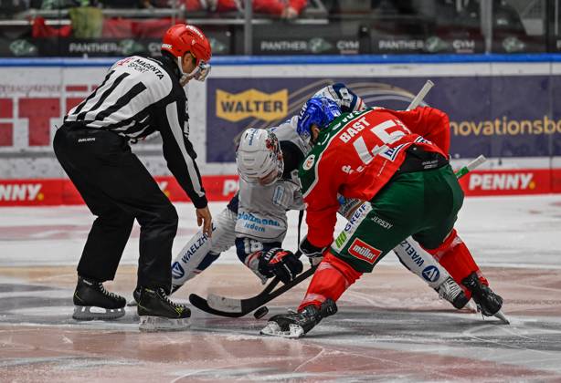 Linesperson David Tschirner takes a faceoff between Eric Cornel Iserlohn Roosters, 18 and Jason Bast Augsburger Panther, 45 GER, Augsburger Panther vs Iserlohn Roosters, Ice Hockey, DEL, Matchday 5, Season 2024 2025, 02 10 2024 GER, Augsburger Panther vs Iserlohn Roosters, Ice Hockey, DEL, Matchday 5, Season 2024 2025, 02 10 2024 Augsburg Copyright: xEibner-Pressefoto HeikoxFeinerx EP_HFR