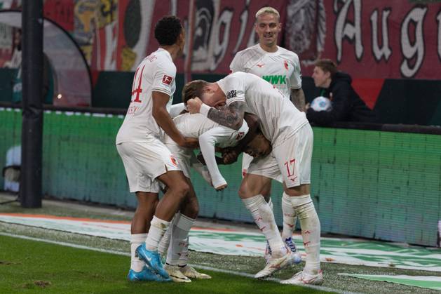 Goal celebration, cheers after his goal for 2 0 by Henri Koudossou FC Augsburg , goalkeeper Alexis Julian Claude Maurice FC Augsburg , Kristijan JakiÄ‡ FC Augsburg and Philip Tietz FC Augsburg v l, FC Augsburg vs Borussia Moenchengladbach, Football, 1 Bundesliga, 06 Matchday, 04 10 2024 DFB regulations prohibit any use of photographs as image sequences and or quasi video Augsburg Bayern Germany Copyright: xkolbert-press PeterxFastlx