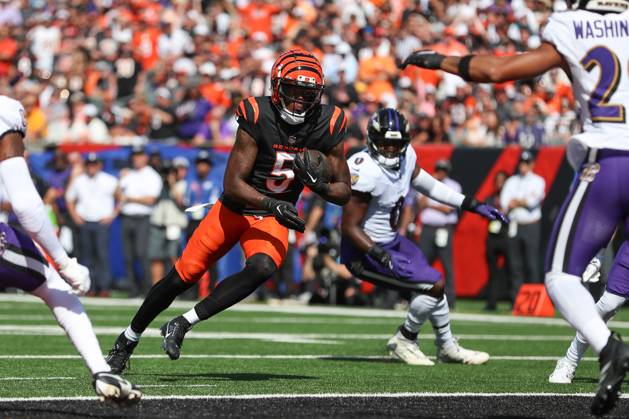 CINCINNATI, OH - OCTOBER 06: Cincinnati Bengals wide receiver Tee Higgins (5) carries the ball for a touchdown during the game against the Baltimore Ravens and the Cincinnati Bengals on October 6, 2024, at Paycor Stadium in Cincinnati, OH. (Photo by Ian Johnson Icon Sportswire) NFL, American Football Herren, USA OCT 06 Ravens at Bengals EDITORIAL USE ONLY Icon241006031