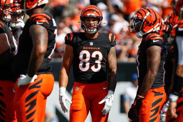 CINCINNATI, OH - OCTOBER 06: Cincinnati Bengals tight end Erick All Jr. (83) during the game against the Baltimore Ravens and the Cincinnati Bengals on October 6, 2024, at Paycor Stadium in Cincinnati, OH. (Photo by Ian Johnson Icon Sportswire) NFL, American Football Herren, USA OCT 06 Ravens at Bengals EDITORIAL USE ONLY Icon241006067