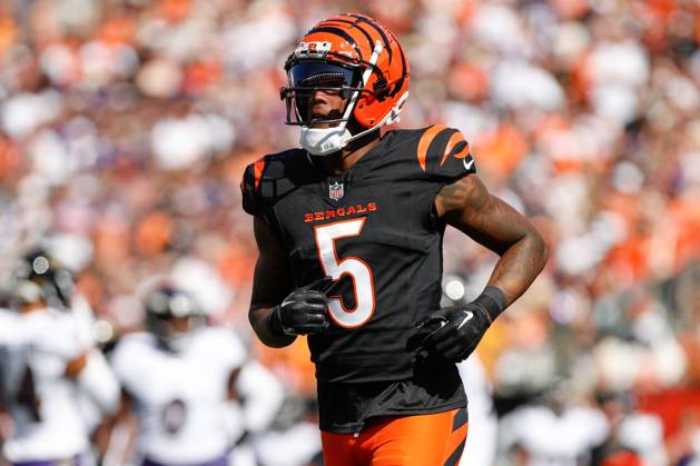 CINCINNATI, OH - OCTOBER 06: Cincinnati Bengals wide receiver Tee Higgins (5) during the game against the Baltimore Ravens and the Cincinnati Bengals on October 6, 2024, at Paycor Stadium in Cincinnati, OH. (Photo by Ian Johnson Icon Sportswire) NFL, American Football Herren, USA OCT 06 Ravens at Bengals EDITORIAL USE ONLY Icon241006070