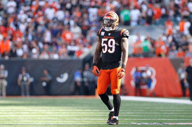 CINCINNATI, OH - OCTOBER 06: Cincinnati Bengals linebacker Akeem Davis-Gaither (59) during the game against the Baltimore Ravens and the Cincinnati Bengals on October 6, 2024, at Paycor Stadium in Cincinnati, OH. (Photo by Ian Johnson Icon Sportswire) NFL, American Football Herren, USA OCT 06 Ravens at Bengals EDITORIAL USE ONLY Icon241006122