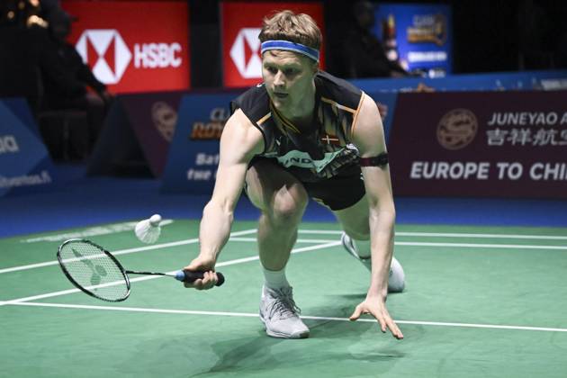 Anders Antonsen of Denmark in action during the Men s Singles match in the badminton Clash Royale Arctic Open powered by Yonex tournament in Vantaa, Finland on October 9, 2024. Vantaa Finland LKFTFX20241009141800BYKL Copyright: xEmmixKorhonenx LKFTFX20241009141800BYKL