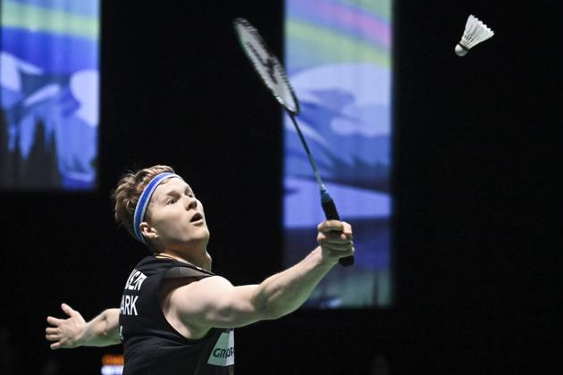 Anders Antonsen of Denmark in action during the Men s Singles match in the badminton Clash Royale Arctic Open powered by Yonex tournament in Vantaa, Finland on October 9, 2024. Vantaa Finland LKFTFX20241009141759CRAT Copyright: xEmmixKorhonenx LKFTFX20241009141759CRAT