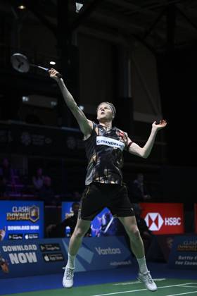 Anders Antonsen of Denmark in action during the Men s Singles match in the badminton Clash Royale Arctic Open powered by Yonex tournament in Vantaa, Finland on October 9, 2024. Vantaa Finland LKFTFX20241009141815JSVA Copyright: xEmmixKorhonenx LKFTFX20241009141815JSVA