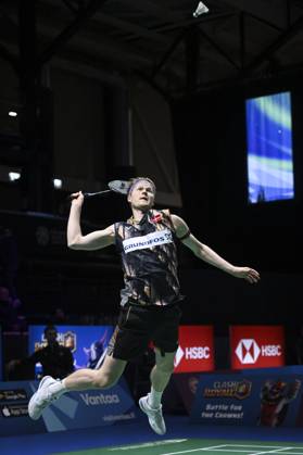 Anders Antonsen of Denmark in action during the Men s Singles match in the badminton Clash Royale Arctic Open powered by Yonex tournament in Vantaa, Finland on October 9, 2024. Vantaa Finland LKFTFX20241009141816CKWQ Copyright: xEmmixKorhonenx LKFTFX20241009141816CKWQ