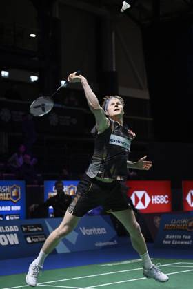 Anders Antonsen of Denmark in action during the Men s Singles match in the badminton Clash Royale Arctic Open powered by Yonex tournament in Vantaa, Finland on October 9, 2024. Vantaa Finland LKFTFX20241009141817CSGT Copyright: xEmmixKorhonenx LKFTFX20241009141817CSGT
