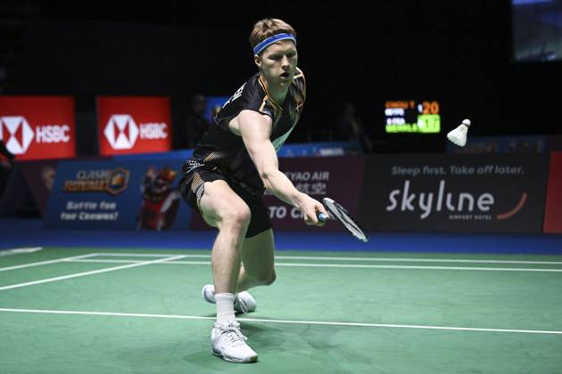 Anders Antonsen of Denmark in action during the Men s Singles match in the badminton Clash Royale Arctic Open powered by Yonex tournament in Vantaa, Finland on October 9, 2024. Vantaa Finland LKFTFX20241009141818BBDF  Copyright: xEmmixKorhonenx LKFTFX20241009141818BBDF