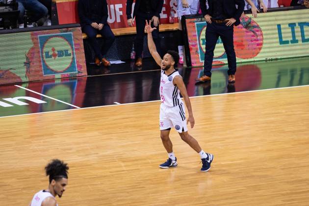 Basketball Champions League, Telekom Baskets Bonn vs AEK Betsson BC, 15 10 2024 Darius McGhee Telekom Baskets Bonn 0 celebrates a successful three-pointer Basketball Champions League, Telekom Baskets Bonn vs AEK Betsson BC, 15 10 2024, Telekom Dome, Bonn Copyright: xBEAUTIFULxSPORTS Derixx