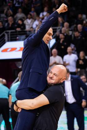 Basketball Champions League, Telekom Baskets Bonn vs AEK Betsson BC, 15 10 2024 Bonns cult physio Bogdan Suciu and Marko Stankovic Assistant Coach Telekom Baskets Bonn celebrate the victory Basketball Champions League, Telekom Baskets Bonn vs AEK Betsson BC, 15 10 2024, Telekom Dome, Bonn Copyright: xBEAUTIFULxSPORTS Derixx
