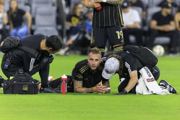 October 19, 2024, Los Angeles, California, USA: Maxime Chanot 25 of the Los Angeles Football Club is checked by team doctors after being fouled during their regular season MLS, Fussball Herren, USA match against the San Jose Earthquakes on Saturday October 19, 2024 at the BMO Stadium in Los Angeles, California. LAFC defeats Earthquakes, 3-1. JAVIER ROJAS PI Los Angeles USA - ZUMAp124 20241019_zaa_p124_050 Copyright: xJavierxRojasx