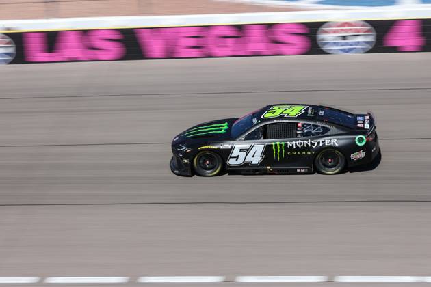 LAS VEGAS, NV - OCTOBER 20: Ty Gibbs ( 54 Joe Gibbs Racing Monster Energy Toyota) drives into turn four during the South Point 400 NASCAR, Motorsport, USA Cup Series playoff race on October 20, 2024, at Las Vegas Motor Speedway in Las Vegas, NV. (Photo by Christopher Trim Icon Sportswire) AUTO: OCT 20 NASCAR Cup Series South Point 400 EDITORIAL USE ONLY Icon241020544