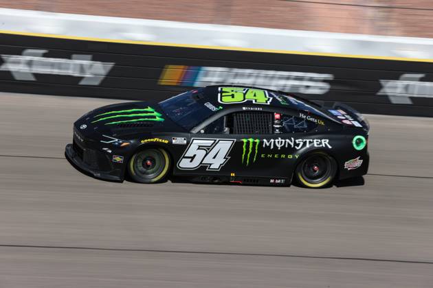 LAS VEGAS, NV - OCTOBER 20: Ty Gibbs ( 54 Joe Gibbs Racing Monster Energy Toyota) drives into turn four during the South Point 400 NASCAR, Motorsport, USA Cup Series playoff race on October 20, 2024, at Las Vegas Motor Speedway in Las Vegas, NV. (Photo by Christopher Trim Icon Sportswire) AUTO: OCT 20 NASCAR Cup Series South Point 400 EDITORIAL USE ONLY Icon241020553