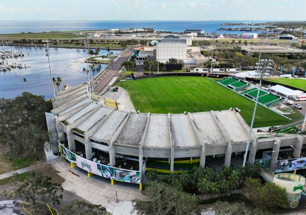 October 21, 2024, St. Petersburg, Florida, USA: An aerial drone view of Al Lang Stadium, the home of the Tampa Bay Rowdies, at 230 1st St SE, on Monday, Oct. 21, 2024, in St. Petersburg. Al Lang Stadium is a potential option for the Tampa Bay Rays considering the damage to the roof at Tropicana Field from Hurricane Milton. St. Petersburg USA - ZUMAs70_ 0774812585st Copyright: xDirkxShaddx