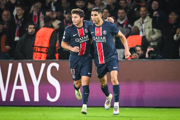 October 22, 2024, Paris, France, France: Achraf HAKIMI of PSG celebrate his goal with Joao NEVES of PSG during the UEFA Champions League, League Phase MD3 match between Paris Saint-Germain and PSV Eindhoven at Parc des Princes Stadium on October 22, 2024 in Paris, France. Paris France - ZUMAm308 20241022_zsp_m308_012 Copyright: xMatthieuxMirvillex